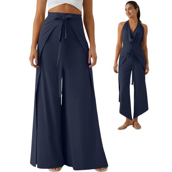 HALARA Pants - HALARA Tie Front Wrap Palazzo Pants Wear 2 Ways Navy Large NWT